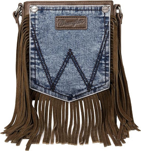 Wrangler Leather Fringe Jean Denim Pocket Crossbody - Brown