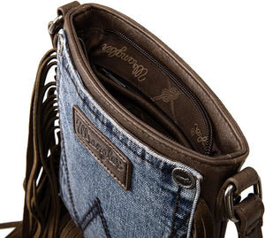 Wrangler Leather Fringe Jean Denim Pocket Crossbody - Brown