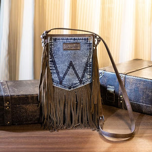 Wrangler Leather Fringe Jean Denim Pocket Crossbody - Brown